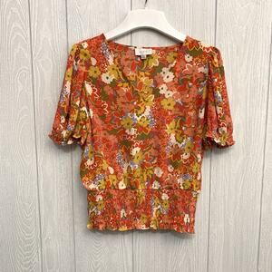 LOFT Orange Floral V-Neck Short Sleeve Top Small